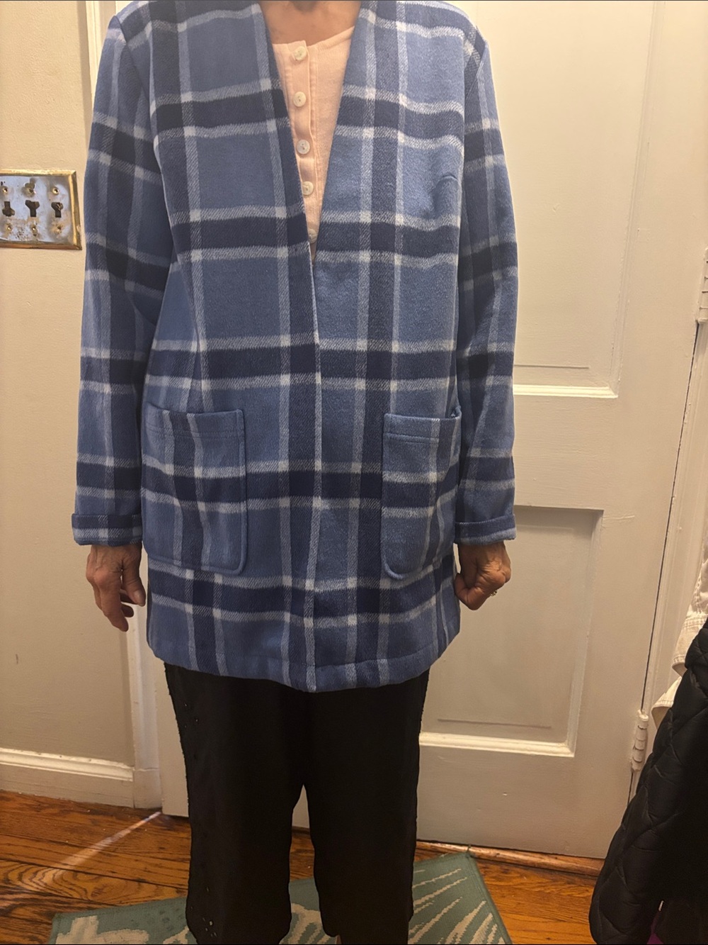 Blue Plaid Open-Front Women's Lightweight Coat- XS runs large